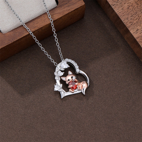 Sterling Silver Heart Birthstone Fox Pendant Necklace