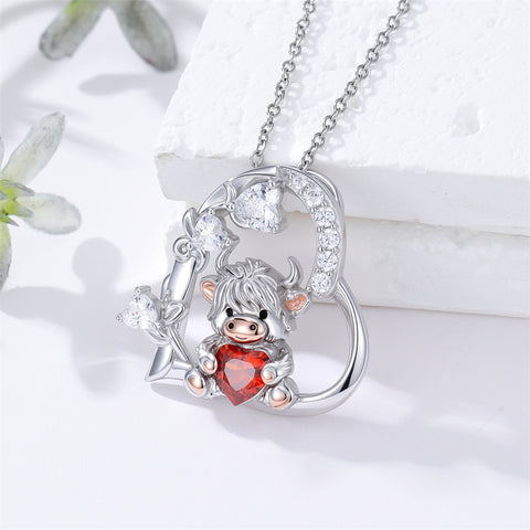 Sterling Silver Highland Cow Pendant Necklace Birthstone Necklace Gift for Women