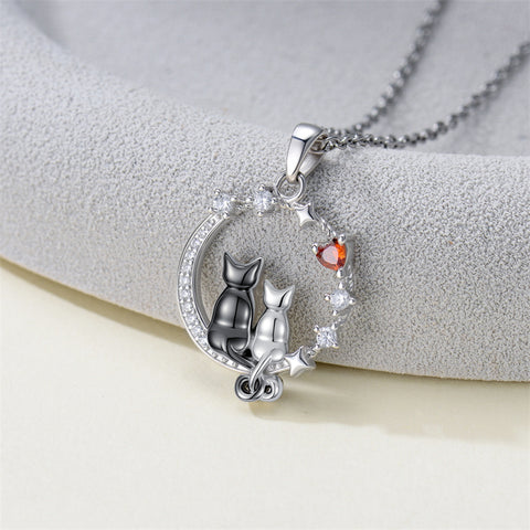 Sterling Silver Cubic Zirconia Two Cats Pendant Necklace