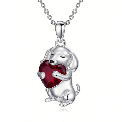 Sterling Silver 12 Month Birthstone Dachshund Pendant Necklace for Women