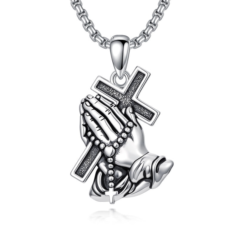 Sterling Silver Praying Hands Angel Sword Wing Cross Pendant Necklace Religious Gifts for Men