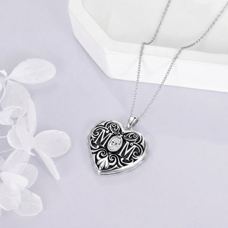 Sterling Silver Heart Cubic Zirconia Photo Locket Necklace
