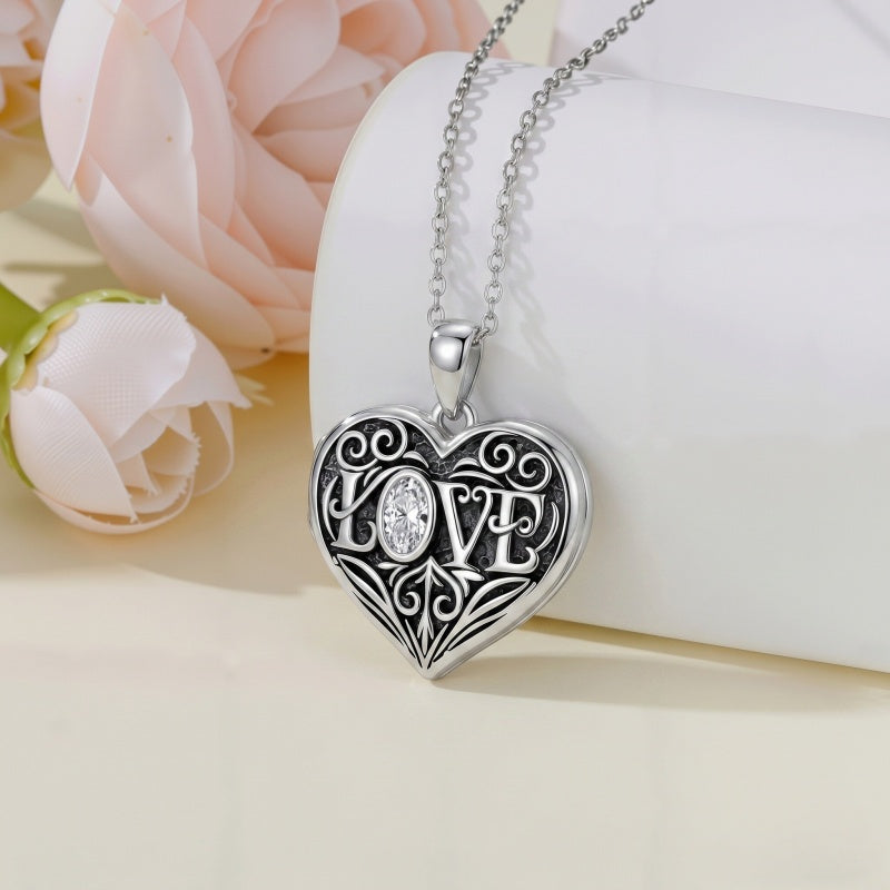 Sterling Silver Heart Cubic Zirconia Photo Locket Necklace
