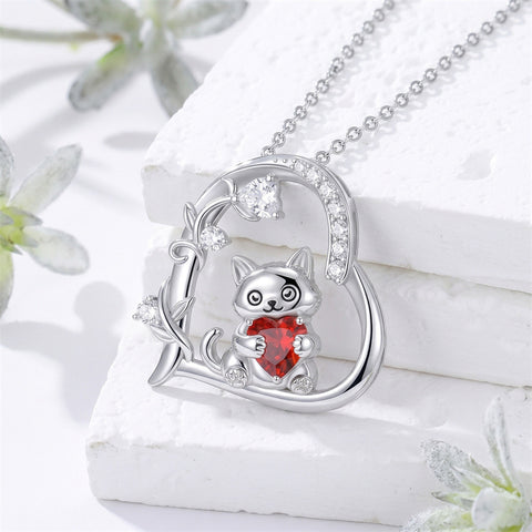 Sterling Silver Birthstone  Cat Pendant Necklace for Women