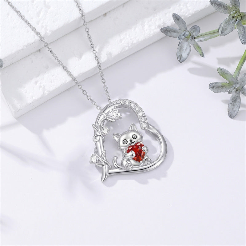 Sterling Silver Birthstone  Cat Pendant Necklace for Women