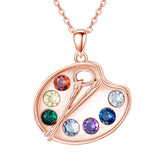 Sterling Silver Colorful CZ Artist Paint Palette and Brush Pendant Necklace