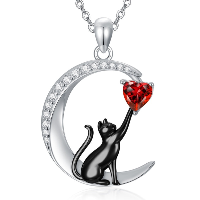 Sterling Silver Heart Birthstone Cat Pendant Necklace