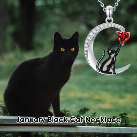 Sterling Silver Heart Birthstone Cat Pendant Necklace