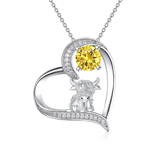 Sterling Silver 12 Months Birthstone Highland Cow Pendant Necklace