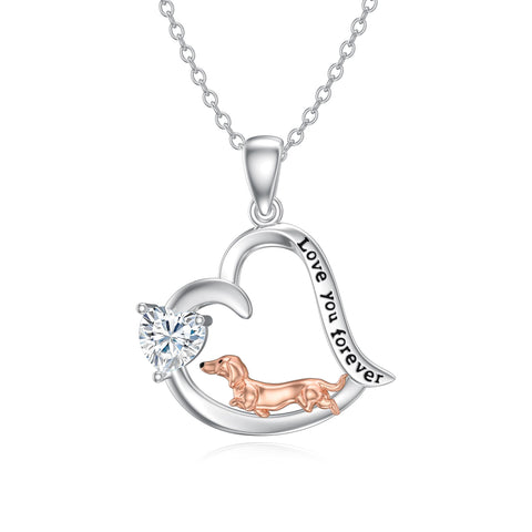 Sterling Silver Heart Birthstone  Dachshund Pendant Necklace