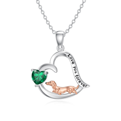 Sterling Silver Heart Birthstone  Dachshund Pendant Necklace