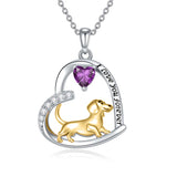 14K Gold Heart Birthstone  Dachshund Pendant Necklace