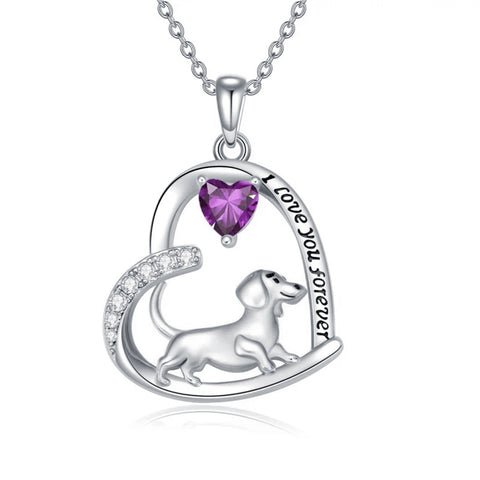 Sterling Silver Heart Birthstone  Dachshund Pendant Necklace