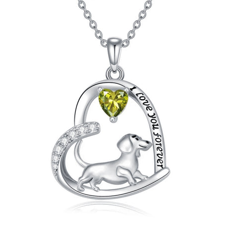 Sterling Silver Heart Birthstone  Dachshund Pendant Necklace