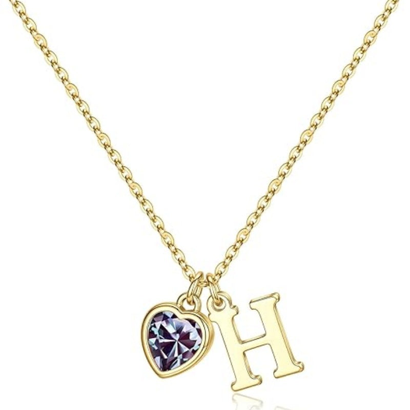 14K Gold Plated Initial A-Z Heart Birthstone Letter Necklace