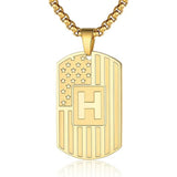14K Gold Plated Initial A-Z American Flag Dog Tag Necklace for Men