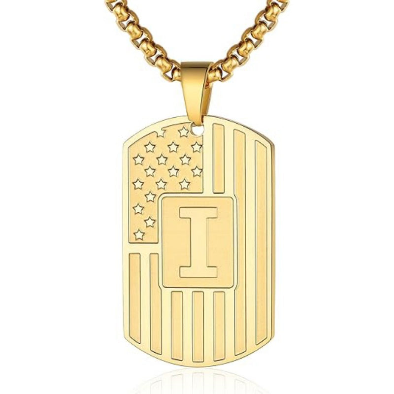 14K Gold Plated Initial A-Z American Flag Dog Tag Necklace for Men