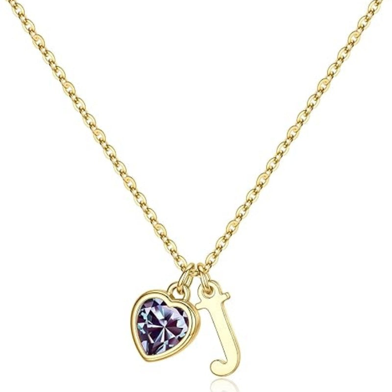 14K Gold Plated Initial A-Z Heart Birthstone Letter Necklace