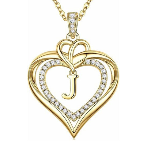 14K Gold Plated Initial Double Heart Pendant Necklace Anniversary Birthday Gifts for Women