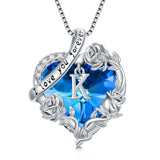 Sterling Silver  Blue Heart Crystal Initial A-Z Letter Rose Pendant Necklace Engraved with  I Love You Forever