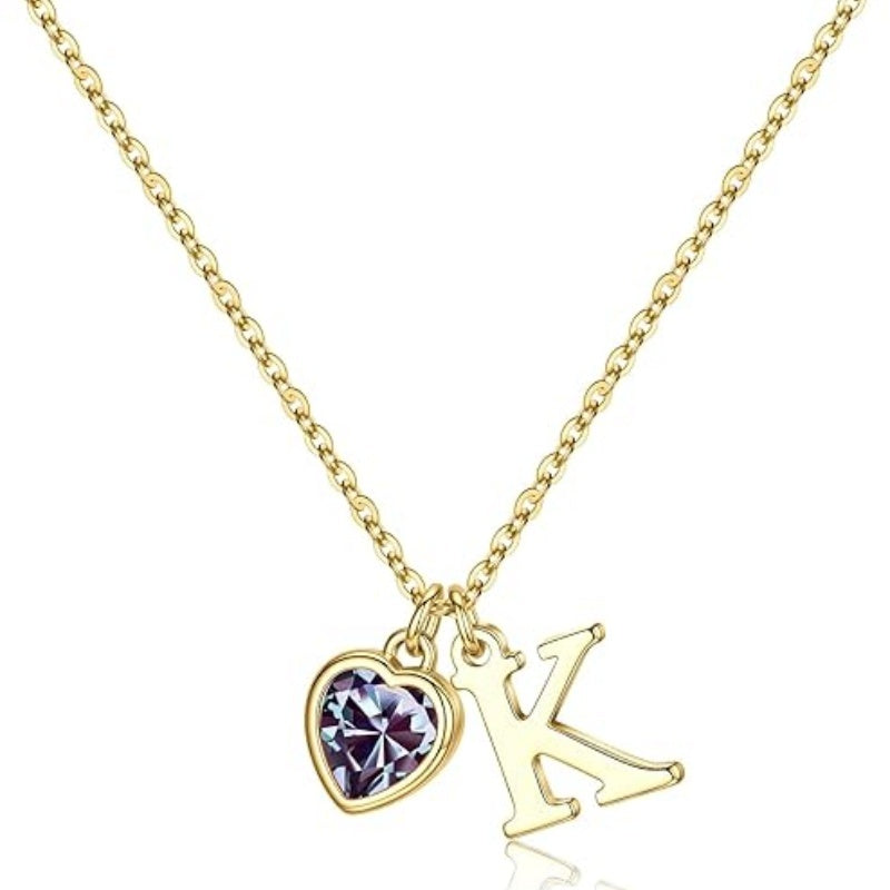 14K Gold Plated Initial A-Z Heart Birthstone Letter Necklace