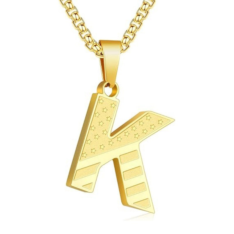 14K Gold Plated American Flag Initial Pendant Necklace for Men