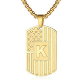 14K Gold Plated Initial A-Z American Flag Dog Tag Necklace for Men