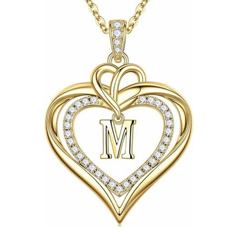 14K Gold Plated Initial Double Heart Pendant Necklace Anniversary Birthday Gifts for Women