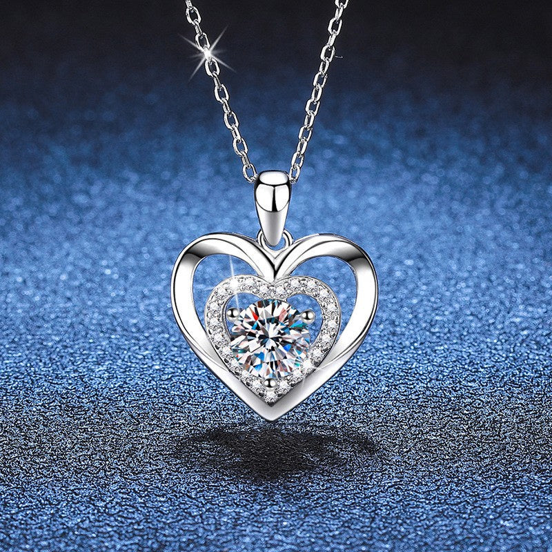Sterling Silver 0.5CT Double-Layer Heart Moissanite Pendant Necklace