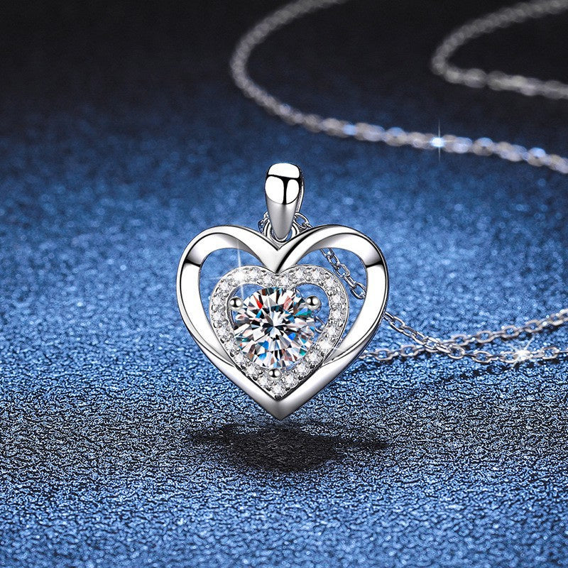 Sterling Silver 0.5CT Double-Layer Heart Moissanite Pendant Necklace