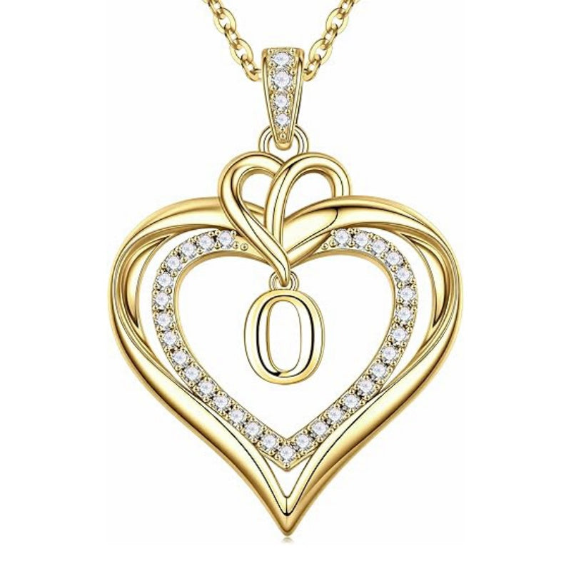 14K Gold Plated Initial Double Heart Pendant Necklace Anniversary Birthday Gifts for Women