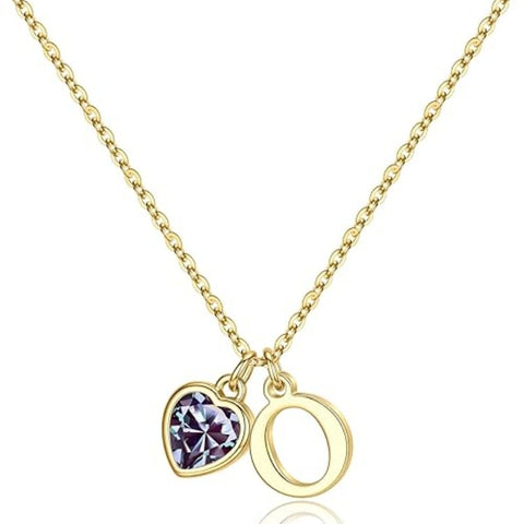 14K Gold Plated Initial A-Z Heart Birthstone Letter Necklace