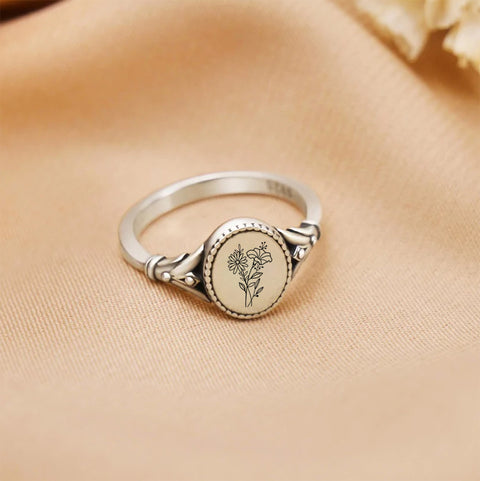 Sterling Silver Personalised Birth Flower Ring Gift for Her