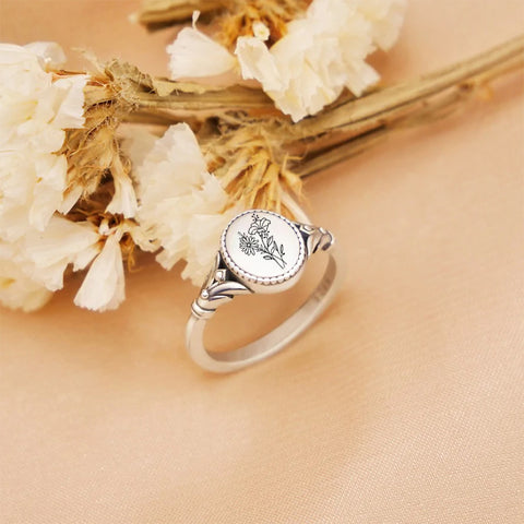 Sterling Silver Personalised Birth Flower Ring Gift for Her