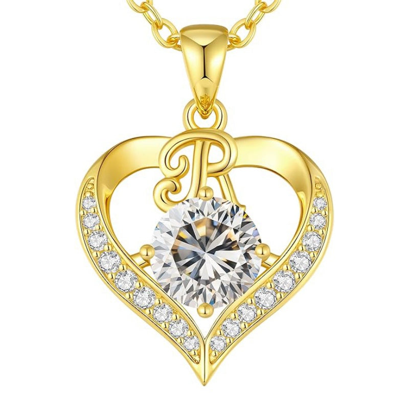 14K Gold Plated Initial Love Heart 2 Carat Moissanite Necklaces for Women Christmas Anniversary Birthday Present Gifts