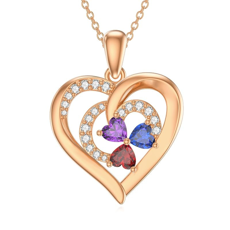 10K 14K 18K Solid Gold Personalized Engraved 1-4 Birthstone Heart Necklaces for Women