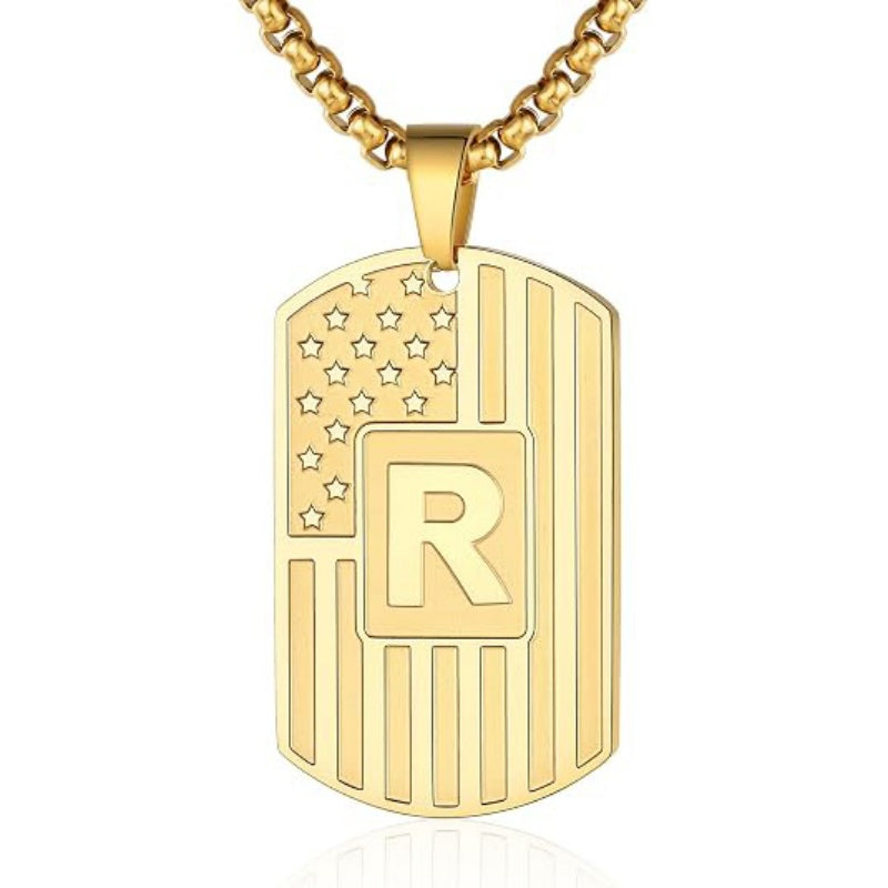 14K Gold Plated Initial A-Z American Flag Dog Tag Necklace for Men