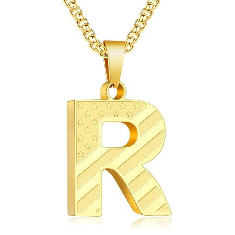 14K Gold Plated American Flag Initial Pendant Necklace for Men