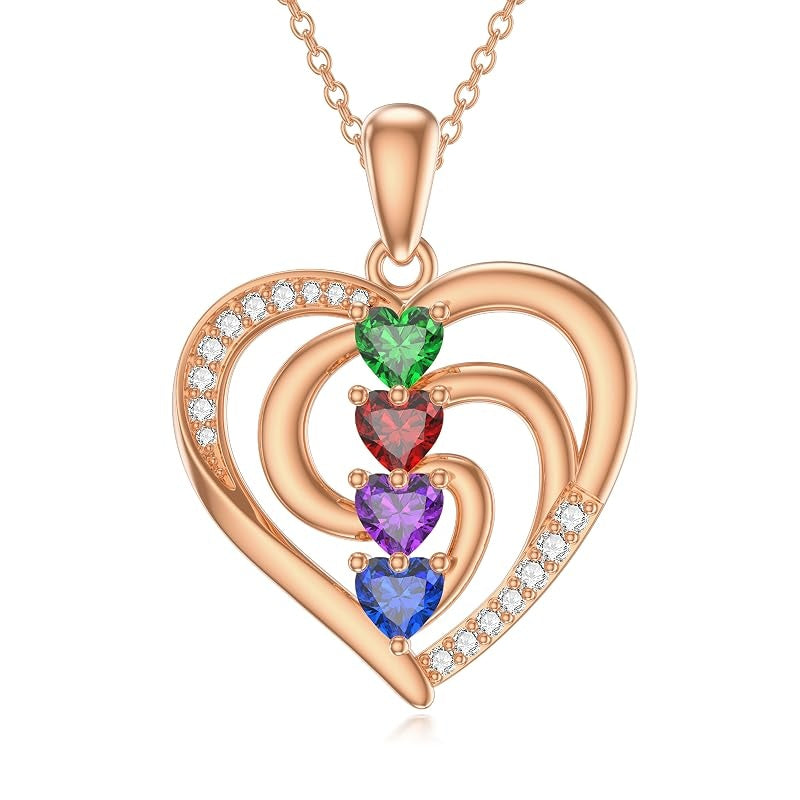 10K 14K 18K Solid Gold Personalized Engraved 1-4 Birthstone Heart Necklaces for Women