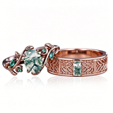 Sterling Silver 10K 14K 18K Gold Natural Leaf  Moss Agate Engagement Anniversary Couple Ring Sets