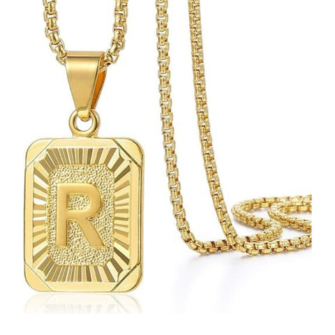 14K Gold Plated  Initial A-Z Letter Pendant Necklace Stainless Steel Box Chain 24inch