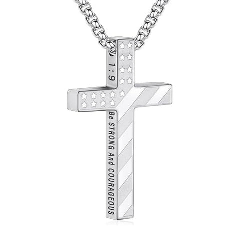14K Gold Plated Bible Verse American Flag Cross Necklac for Men