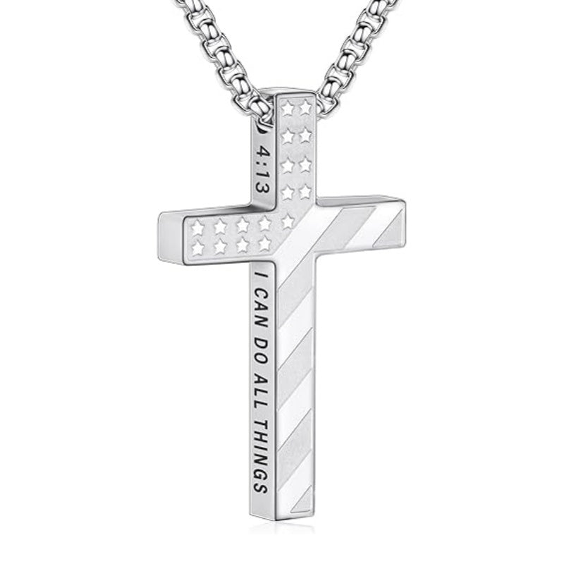 14K Gold Plated Bible Verse American Flag Cross Necklac for Men
