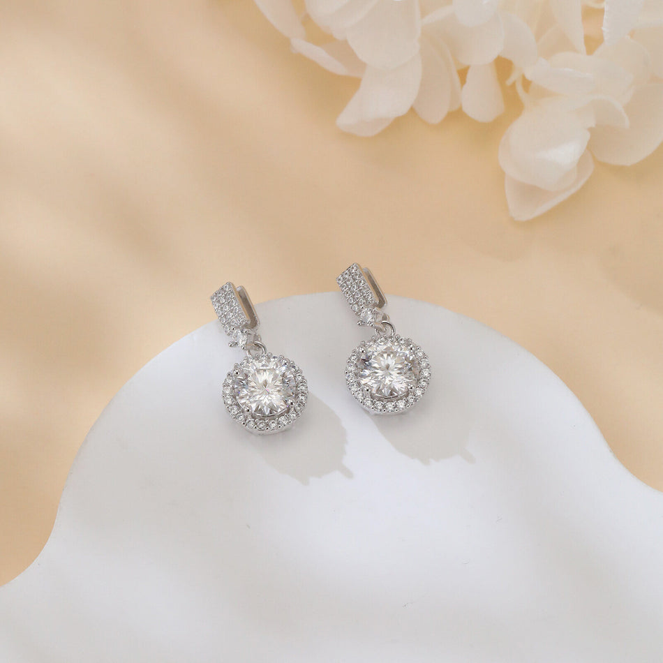 925 Sterling Silver Elegant Moissanite Drop Earrings With Sparkling Cubic Zirconia In Silver Plated Setting