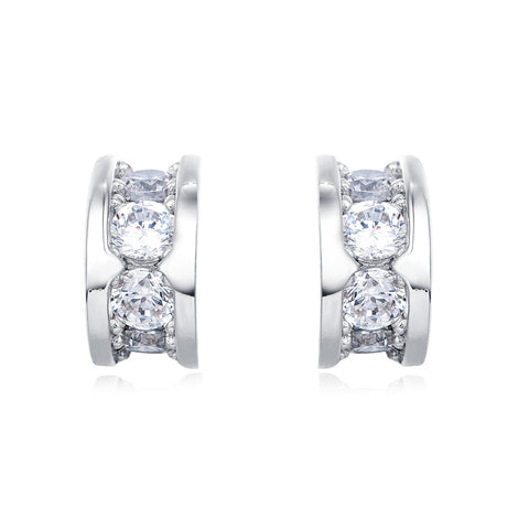 925 Sterling Silver Elegant Three-stone Moissanite Hoop Earrings In Plated with White Gold