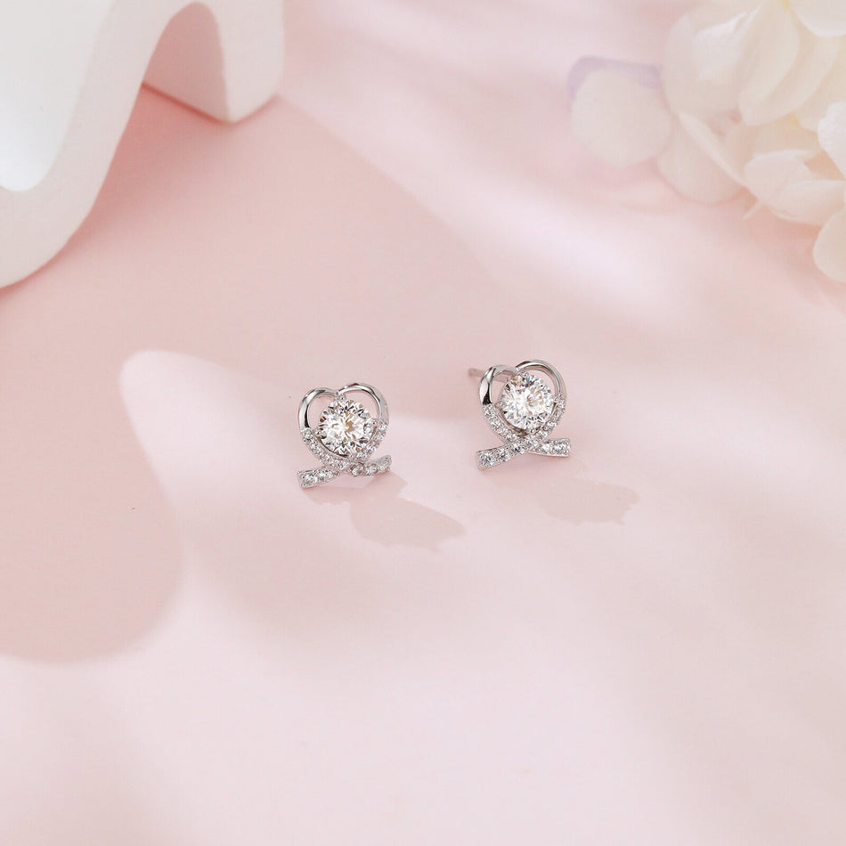 925 Sterling Silver Elegant Heart-shaped Moissanite Earrings In Plated with White Gold With Sparkling Accents