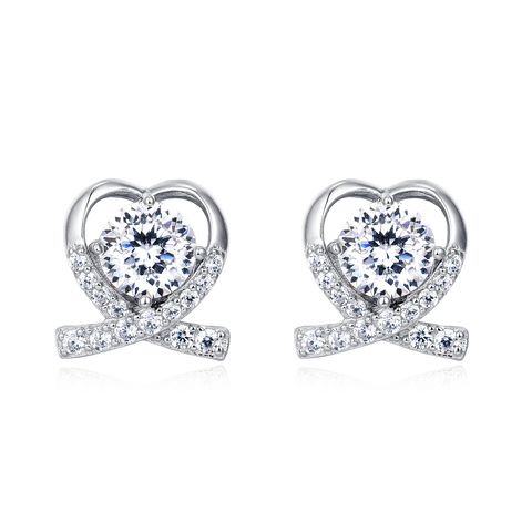925 Sterling Silver Elegant Heart-shaped Moissanite Earrings In Plated with White Gold With Sparkling Accents