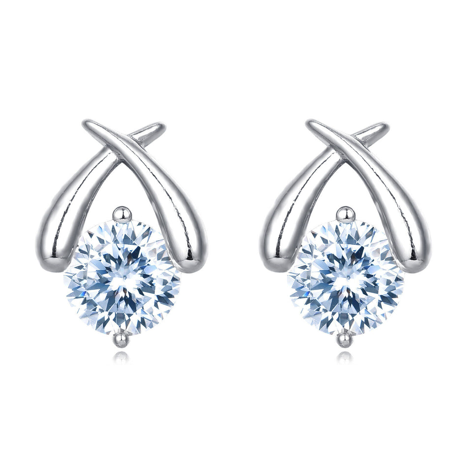 925 Sterling Silver Elegant Crossed Prong Moissanite Stud Earrings In Plated with White Gold/silver Setting