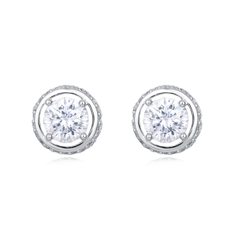 925 Sterling Silver Elegant Silver Moissanite Halo Stud Earrings With Pav¨¦ Accents