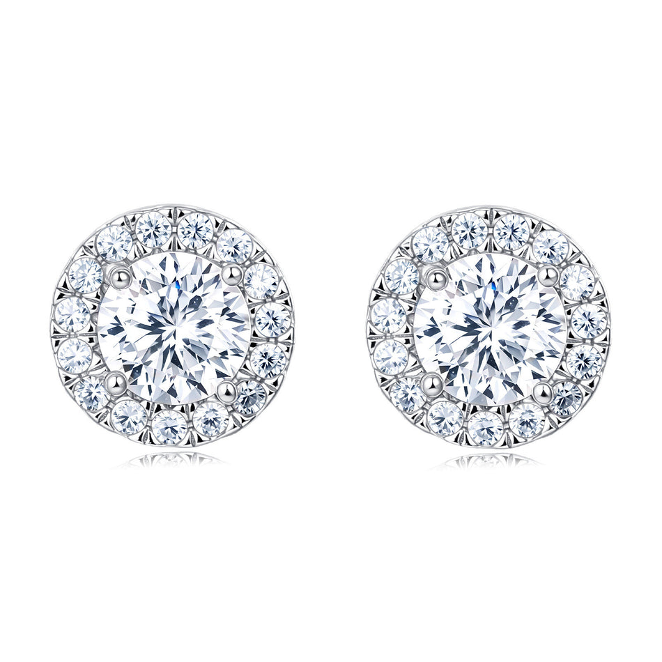 925 Sterling Silver Classic Halo Moissanite Stud Earrings In Platinum